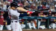 Sep 7, 2025; Phoenix, Arizona, USA; Boston Red Sox outfielder Rob Refsnyder against the Arizona Diamondbacks at Chase Field. Mandatory Credit: Mark J. Rebilas-Imagn Images