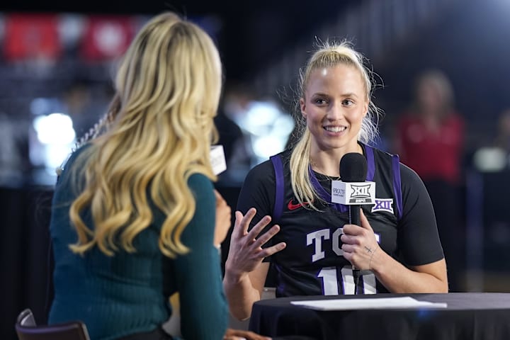 TCU Horned Frogs guard Hailey Van Lith (10) talks with reporter Hannah Wing during the Big 12 Women’s Basketball Media Day.