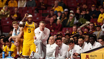 Nov 3, 2025; Minneapolis, Minnesota, USA; Minnesota Golden Gophers head coach Niko Medved looks on during the second half against the Gardner-Webb Runnin' Bulldogs at Williams Arena. Mandatory Credit: Matt Krohn-Imagn Images