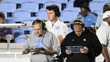 Sep 1, 2025; Chapel Hill, North Carolina, USA; North Carolina Tar Heels head coach Bill Belichick on the sidelines in the fourth quarter at Kenan Stadium. Mandatory Credit: Bob Donnan-Imagn Images