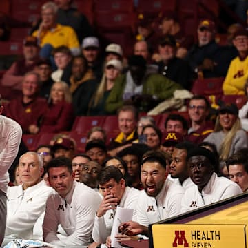 Nov 3, 2025; Minneapolis, Minnesota, USA; Minnesota Golden Gophers head coach Niko Medved looks on during the second half against the Gardner-Webb Runnin' Bulldogs at Williams Arena. Mandatory Credit: Matt Krohn-Imagn Images
