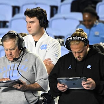 Sep 1, 2025; Chapel Hill, North Carolina, USA; North Carolina Tar Heels head coach Bill Belichick on the sidelines in the fourth quarter at Kenan Stadium. Mandatory Credit: Bob Donnan-Imagn Images