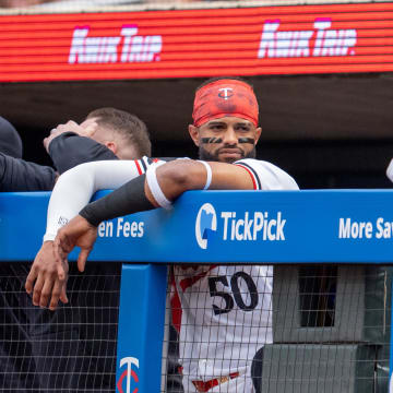 Jul 2, 2024; Minneapolis, Minnesota, USA; Minnesota Twins left fielder Willi Castro (50) and third base Royce Lewis (23) watch play from the dugout in the fifth inning against the Detroit Tigers at Target Field. Mandatory Credit: Matt Blewett-USA TODAY Sports