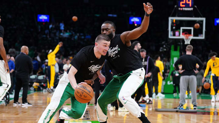 May 23, 2024; Boston, Massachusetts, USA; Boston Celtics guard Payton Pritchard (11) and Boston Celtics guard Jaylen Brown (7) practice before the game for game two of the eastern conference finals for the 2024 NBA playoffs at TD Garden. Mandatory Credit: David Butler II-USA TODAY Sports