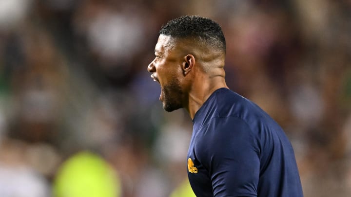 Aug 31, 2024; College Station, Texas, USA; Notre Dame Fighting Irish head coach Marcus Freeman reacts in the fourth quarter against the Texas A&M Aggies at Kyle Field. Mandatory Credit: Maria Lysaker-USA TODAY Sports