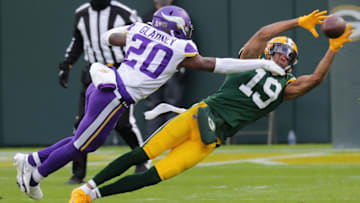 Green Bay Packers wide receiver Equanimeous St. Brown (19)is unable to hang on to a third down reception while being covered by Minnesota Vikings cornerback Jeff Gladney (20) during the third quarter of their game Sunday, November 1, 2020 at Lambeau Field in Green Bay, Wis.