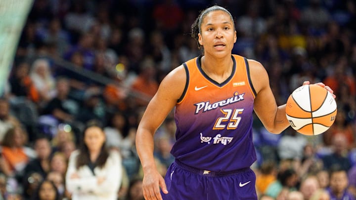 Sep 14, 2025; Phoenix, Arizona, USA; Phoenix Mercury forward Alyssa Thomas (25) calls out a play during the first half against the New York Liberty during game one of the 2025 WNBA Playoffs round one at PHX Arena. Mandatory Credit: Allan Henry-Imagn Images