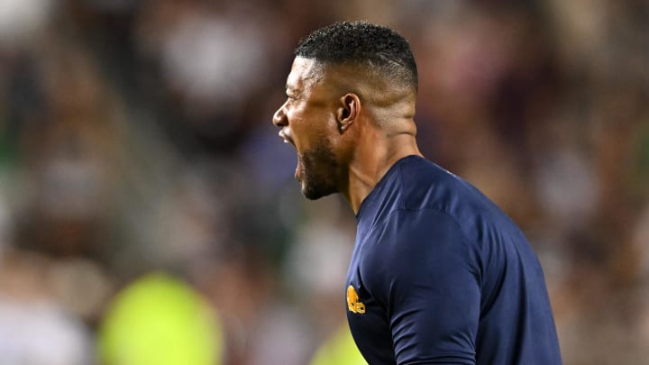 Aug 31, 2024; College Station, Texas, USA; Notre Dame Fighting Irish head coach Marcus Freeman reacts in the fourth quarter against the Texas A&M Aggies at Kyle Field. Mandatory Credit: Maria Lysaker-USA TODAY Sports