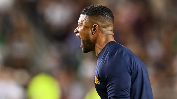 Aug 31, 2024; College Station, Texas, USA; Notre Dame Fighting Irish head coach Marcus Freeman reacts in the fourth quarter against the Texas A&M Aggies at Kyle Field.