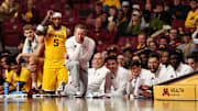 Nov 3, 2025; Minneapolis, Minnesota, USA; Minnesota Golden Gophers head coach Niko Medved looks on during the second half against the Gardner-Webb Runnin' Bulldogs at Williams Arena. Mandatory Credit: Matt Krohn-Imagn Images