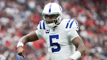 Oct 27, 2024; Houston, Texas, USA;  Indianapolis Colts quarterback Anthony Richardson (5) reacts after throwing a touchdown pass against the Houston Texans in the second half at NRG Stadium. The touchdown was called back.