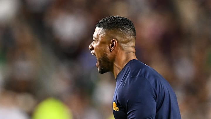 Aug 31, 2024; College Station, Texas, USA; Notre Dame Fighting Irish head coach Marcus Freeman reacts in the fourth quarter against the Texas A&M Aggies at Kyle Field. Mandatory Credit: Maria Lysaker-USA TODAY Sports