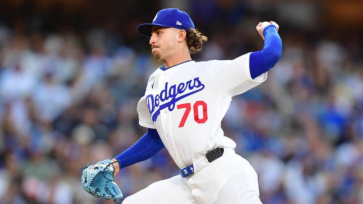 May 29, 2026; Los Angeles, California, USA;  Los Angeles Dodgers relief pitcher Justin Wrobleski (70) pitches against the Philadelphia Phillies in the first inning at Dodger Stadium. Mandatory Credit: Gary A. Vasquez-Imagn Images