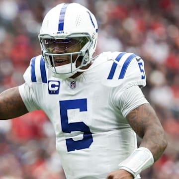 Oct 27, 2024; Houston, Texas, USA;  Indianapolis Colts quarterback Anthony Richardson (5) reacts after throwing a touchdown pass against the Houston Texans in the second half at NRG Stadium. The touchdown was called back. Mandatory Credit: Thomas Shea-Imagn Images