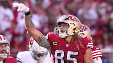 Oct 6, 2024; Santa Clara, California, USA; San Francisco 49ers tight end George Kittle (85) gestures after a catch against the Arizona Cardinals during the fourth quarter at Levi's Stadium. Mandatory Credit: Darren Yamashita-Imagn Images