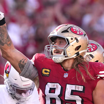 Oct 6, 2024; Santa Clara, California, USA; San Francisco 49ers tight end George Kittle (85) gestures after a catch against the Arizona Cardinals during the fourth quarter at Levi's Stadium. Mandatory Credit: Darren Yamashita-Imagn Images