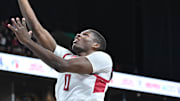 Nov 21, 2024; Spokane, Washington, USA; Washington State Cougars guard Cedric Coward (0) makes an easy lay up against the Eastern Washington Eagles in the first half at Spokane Veterans Memorial Arena. Mandatory Credit: James Snook-Imagn Images