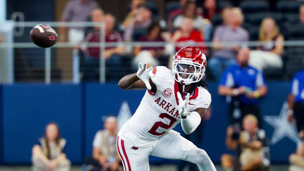 Arkansas Razorbacks wide receiver Andrew Armstrong (2) makes a catch during the second half against the Texas A&M Aggies.