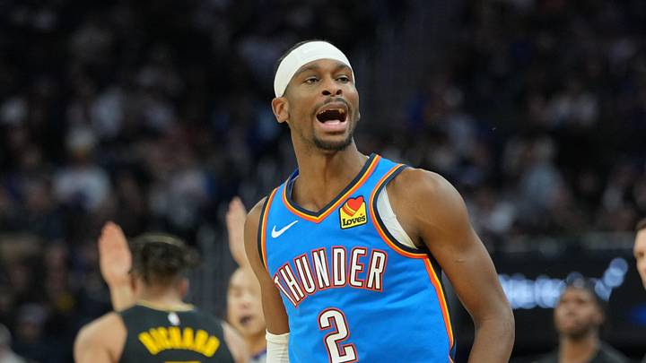 Jan 2, 2026; San Francisco, California, USA; Oklahoma City Thunder guard Shai Gilgeous-Alexander (2) reacts after making a three point basket against the Golden State Warriors during the third quarter at Chase Center. Mandatory Credit: Darren Yamashita-Imagn Images