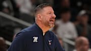 Mar 28, 2025; Atlanta, GA, USA; Mississippi Rebels head coach Chris Beard in the first half of a South Regional semifinal of the 2025 NCAA tournament against the Michigan State Spartans at State Farm Arena. Mandatory Credit: Dale Zanine-Imagn Images