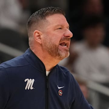 Mar 28, 2025; Atlanta, GA, USA; Mississippi Rebels head coach Chris Beard in the first half of a South Regional semifinal of the 2025 NCAA tournament against the Michigan State Spartans at State Farm Arena. Mandatory Credit: Dale Zanine-Imagn Images