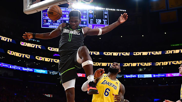 Apr 11, 2023; Los Angeles, California, USA; Minnesota Timberwolves guard Anthony Edwards (1) scores a basket ahead of Los Angeles Lakers forward LeBron James (6) during the second half at Crypto.com Arena. Mandatory Credit: Gary A. Vasquez-Imagn Images Apr 11, 2023; Los Angeles, California, USA; Minnesota Timberwolves guard Anthony Edwards (1) scores a basket ahead of Los Angeles Lakers forward LeBron James (6) during the second half at Crypto.com Arena. Mandatory Credit: Gary A. Vasquez-Imagn Images