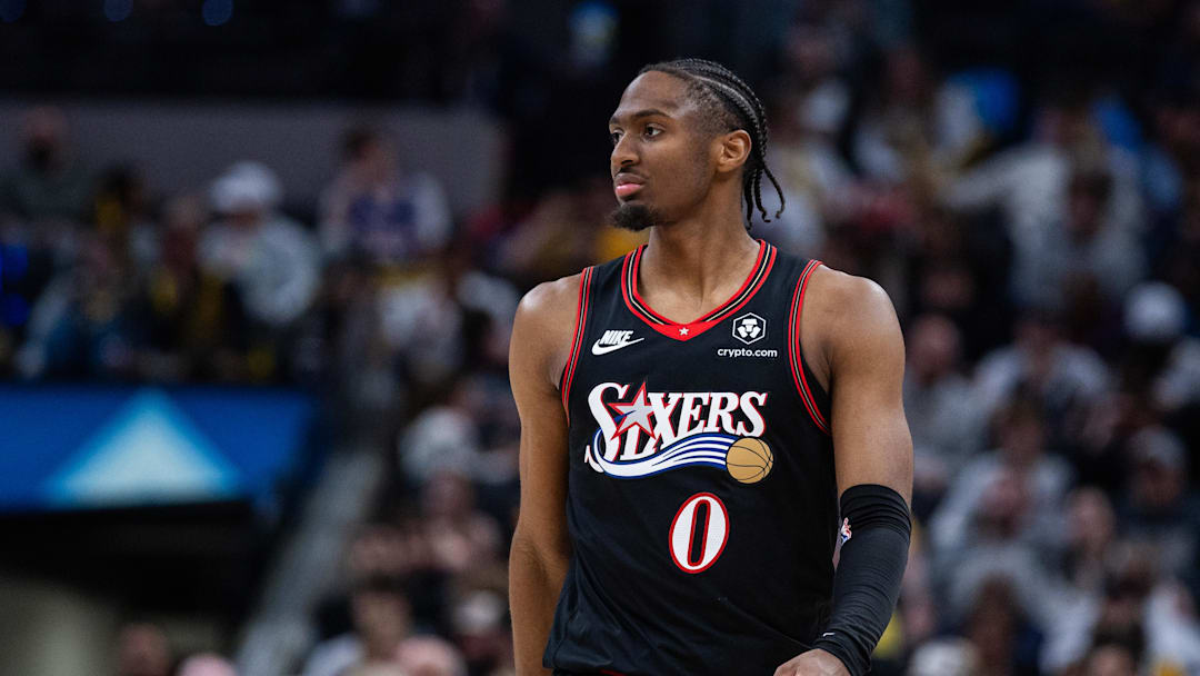 Apr 10, 2026; Indianapolis, Indiana, USA; Philadelphia 76ers guard Tyrese Maxey (0). Mandatory Credit: Trevor Ruszkowski-Imagn Images