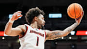 Louisville Cardinals guard J'Vonne Hadley (1) grabs a rebound during the Cards' 104-45 win over South Carolina State at the KFC Yum! Center in Louisville, Kentucky Monday night, Nov. 3, 2025.