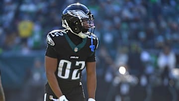 Jan 5, 2025; Philadelphia, Pennsylvania, USA; Philadelphia Eagles wide receiver Ainias Smith (82) against the New York Giants at Lincoln Financial Field. Mandatory Credit: Eric Hartline-Imagn Images