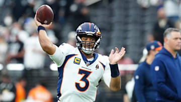 Jan 7, 2024; Paradise, Nevada, USA; Denver Broncos quarterback Russell Wilson (3) warms up before a game against the Las Vegas Raiders at Allegiant Stadium. Mandatory Credit: Stephen R. Sylvanie-Imagn Images