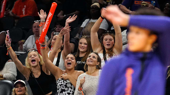 Mercury fans cheer on the team during warm-ups at the Footprint Center in Phoenix on Friday, June 28, 2024.