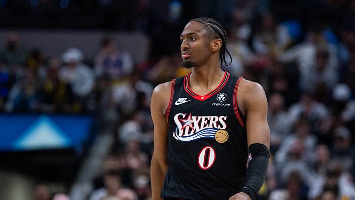 Philadelphia 76ers guard Tyrese Maxey (0)  in the second half against the Indiana Pacers at Gainbridge Fieldhouse on Apr. 10, 2026.