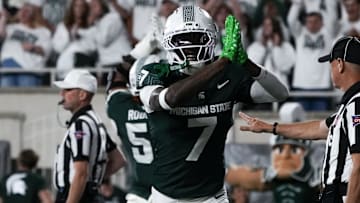 Aug 29, 2025; East Lansing, Michigan, USA; Michigan State Spartans defensive back Joshua Eaton (7) celebrates a safety in the third quarter at Spartan Stadium. Mandatory Credit: Brendan Mullin-Imagn Images