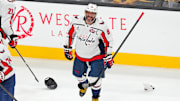 Nov 17, 2024; Las Vegas, Nevada, USA; Washington Capitals left wing Alex Ovechkin (8) celebrates after scoring a third goal against the Vegas Golden Knights during the third period at T-Mobile Arena. Mandatory Credit: Stephen R. Sylvanie-Imagn Images