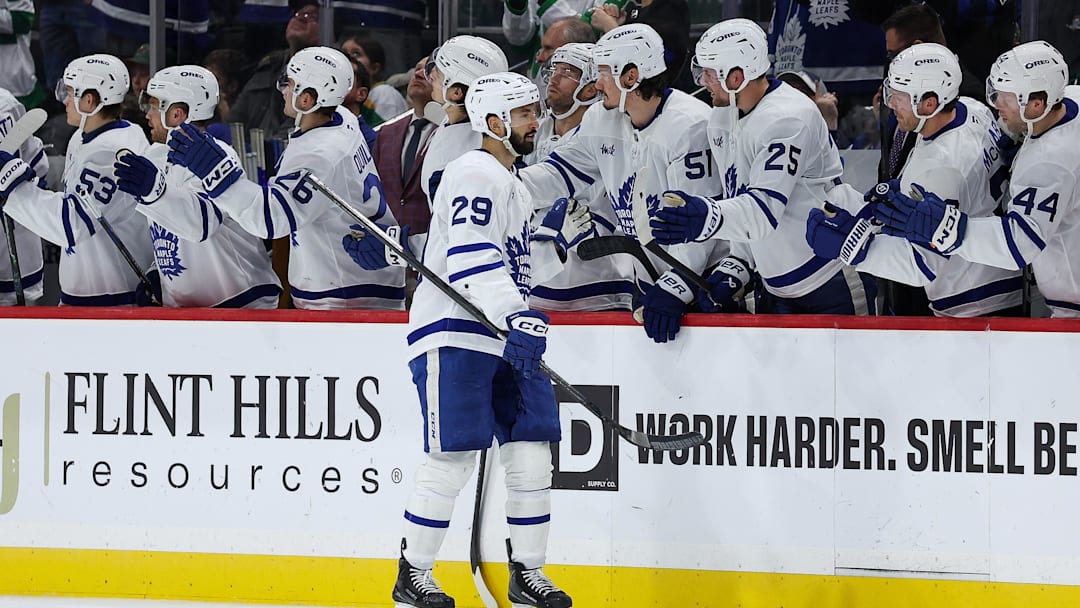 Mar 15, 2026; Saint Paul, Minnesota, USA; Toronto Maple Leafs center Benoit-Olivier Groulx (29) celebrates his goal during the second period at Grand Casino Arena. Mandatory Credit: Matt Krohn-Imagn Images