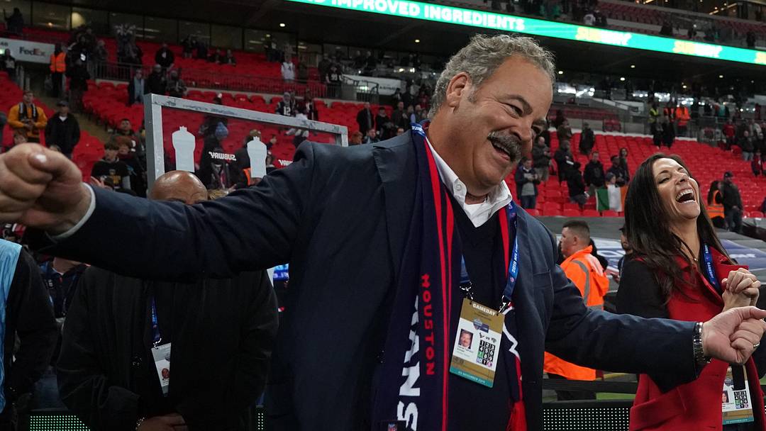 Nov 3, 2019; London, United Kingdom; Houston Texans chief executive officer D. Cal McNair (left) and wife Hannah Hartland McNair celebrate after an NFL International Series game against the Jacksonville Jaguars at Wembley Stadium.  The Texans defeated the Jaguars 26-3. Mandatory Credit: Kirby Lee-Imagn Images