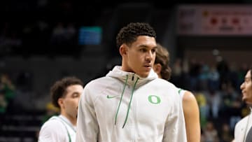 Oregon guard Jackson Shelstad walks back to the bench after a timeout as the Oregon Ducks host the Hawaii Rainbow Warriors on Nov. 4, 2025, at Matthew Knight Arena in Eugene, Oregon.