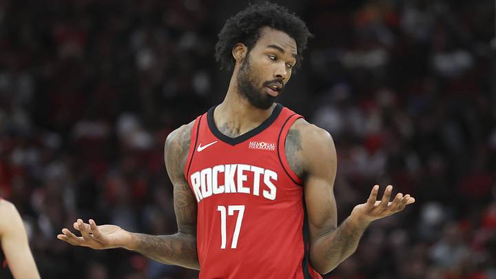 Apr 12, 2026; Houston, Texas, USA; Houston Rockets forward Tari Eason (17) reacts after scoring a basket during the second quarter against the Memphis Grizzlies at Toyota Center. Mandatory Credit: Troy Taormina-Imagn Images