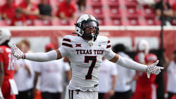 Sep 20, 2025; Salt Lake City, Utah, USA; Texas Tech Red Raiders defensive back Brenden Jordan (7) reacts to a play against the Utah Utes during the fourth quarter at Rice-Eccles Stadium. Mandatory Credit: Rob Gray-Imagn Images