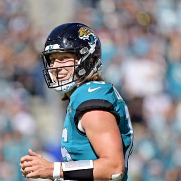 Oct 15, 2023; Jacksonville, Florida, USA; Jacksonville Jaguars quarterback Trevor Lawrence (16) smiles after a touchdown pass during the game against the Indianapolis Colts in the first half at EverBank Stadium. Mandatory Credit: Melina Myers-USA TODAY Sports