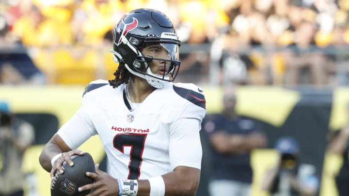 Aug 9, 2024; Pittsburgh, Pennsylvania, USA;  Houston Texans quarterback C.J. Stroud (7) passes against the Pittsburgh Steelers during the first quarter at Acrisure Stadium. Mandatory Credit: Charles LeClaire-USA TODAY Sports