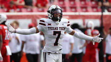 Sep 20, 2025; Salt Lake City, Utah, USA; Texas Tech Red Raiders defensive back Brenden Jordan (7) reacts to a play against the Utah Utes during the fourth quarter at Rice-Eccles Stadium. Mandatory Credit: Rob Gray-Imagn Images