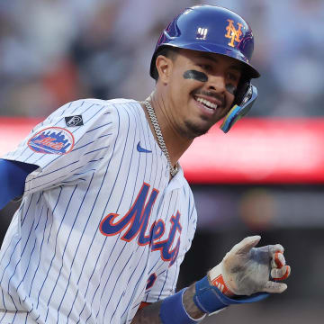 Jun 25, 2024; New York City, New York, USA; New York Mets third baseman Mark Vientos (27) rounds the bases after hitting a solo home run against the New York Yankees during the second inning at Citi Field. Mandatory Credit: Brad Penner-USA TODAY Sports