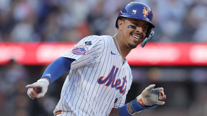 Jun 25, 2024; New York City, New York, USA; New York Mets third baseman Mark Vientos (27) rounds the bases after hitting a solo home run against the New York Yankees during the second inning at Citi Field. Mandatory Credit: Brad Penner-USA TODAY Sports