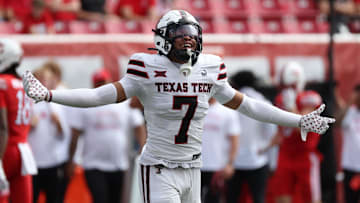 Sep 20, 2025; Salt Lake City, Utah, USA; Texas Tech Red Raiders defensive back Brenden Jordan (7) reacts to a play against the Utah Utes during the fourth quarter at Rice-Eccles Stadium. Mandatory Credit: Rob Gray-Imagn Images