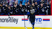 Oct 28, 2024; Winnipeg, Manitoba, CAN; Toronto Maple Leafs forward William Nylander (88) celebrates with teammates after scoring a goal against the Winnipeg Jets during the first period at Canada Life Centre. Mandatory Credit: Terrence Lee-Imagn Images