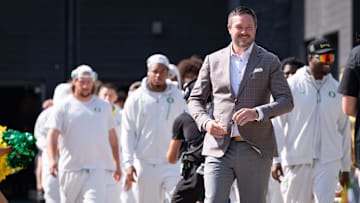 Oregon head coach Dan Lanning leads his team during the entry walk as the Oregon Ducks host the Montana State Bobcats on Aug. 30, 2025, at Autzen Stadium in Eugene, Oregon.