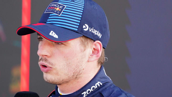 May 4, 2024; Miami Gardens, Florida, USA; Red Bull Racing driver Max Verstappen (1) after qualifying P1 for the Miami Grand Prix at Miami International Autodrome. Mandatory Credit: John David Mercer-USA TODAY Sports