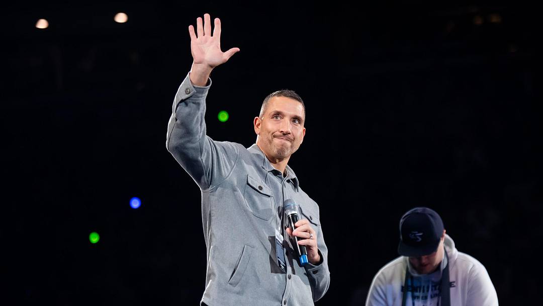 Penn State Nittany Lions football coach Matt Campbell waves to the crowd during a Big Ten wrestling match against Nebraska. 
