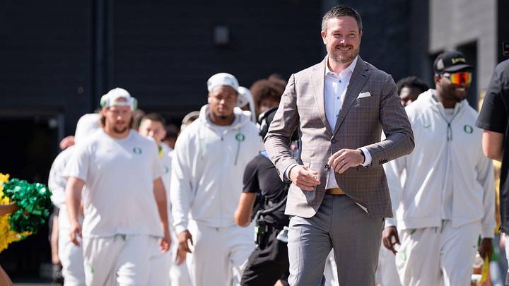 Oregon head coach Dan Lanning leads his team during the entry walk as the Oregon Ducks host the Montana State Bobcats on Aug. 30, 2025, at Autzen Stadium in Eugene, Oregon.